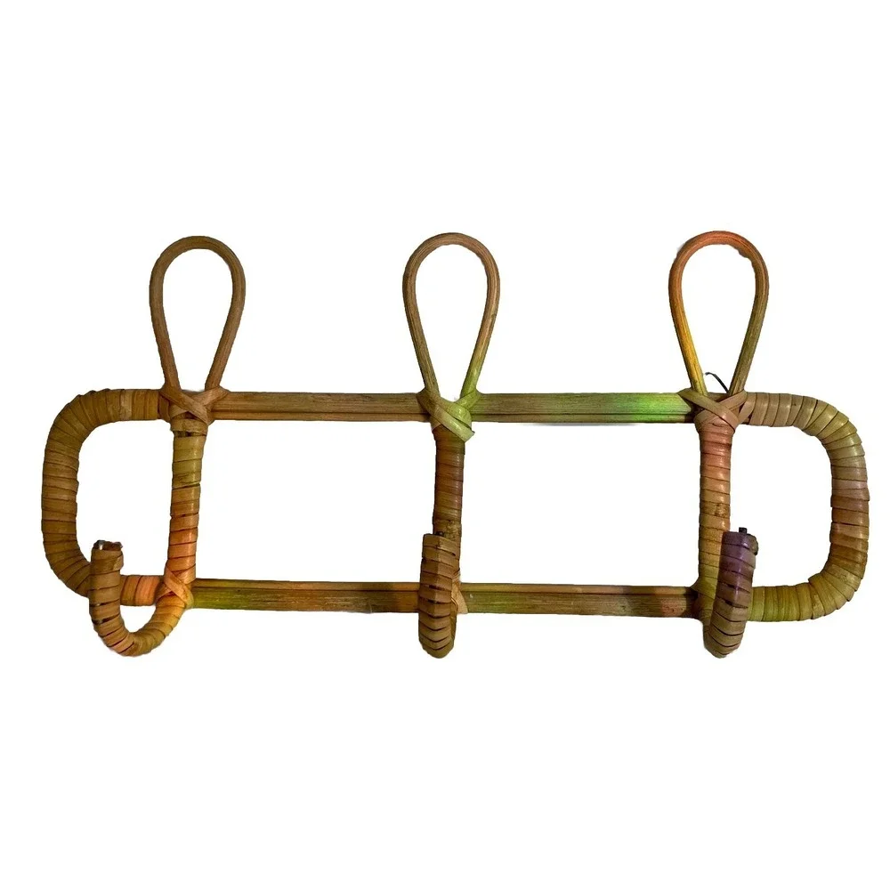 Vintage Rattan Bamboo 3 Hook Coat Rack Hanger Wall Mount 14.5